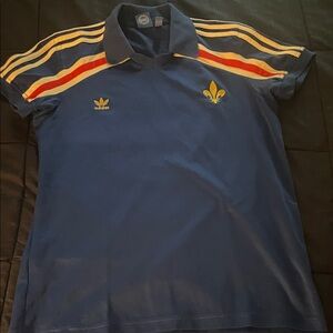 Adidas Blue Shirt with Multicolor Stripes